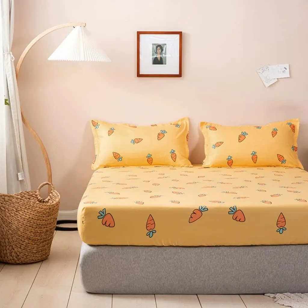 Kids Bed Sheet Set Cute Cartoon Carrot Fitted Sheet for Girls Children Bedroom Decor King Bright Yellow Bedding Set Soft Fresh Fruit Bed Cover with 2 Pillow Cases,Flat Sheet not Included