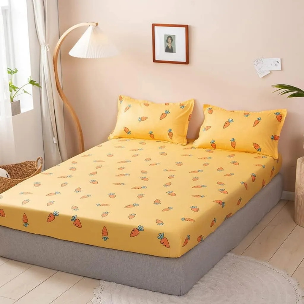 Kids Bed Sheet Set Cute Cartoon Carrot Fitted Sheet for Girls Children Bedroom Decor King Bright Yellow Bedding Set Soft Fresh Fruit Bed Cover with 2 Pillow Cases,Flat Sheet not Included