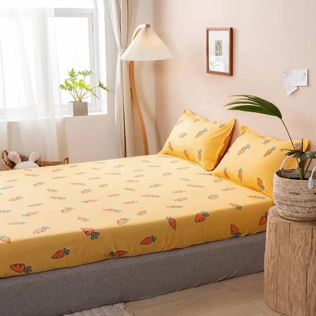 Kids Bed Sheet Set Cute Cartoon Carrot Fitted Sheet for Girls Children Bedroom Decor King Bright Yellow Bedding Set Soft Fresh Fruit Bed Cover with 2 Pillow Cases,Flat Sheet not Included