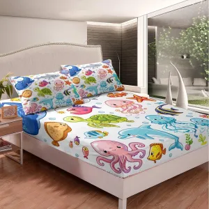 Kids Dolphin Fitted Sheet Cute Seahorse Jellyfish Bedding Set Cartoon Ocean Creature Bed Sheet Set for Children Boys Girls Marine Underwater Sealife Bed Cover Room Decor Full Size