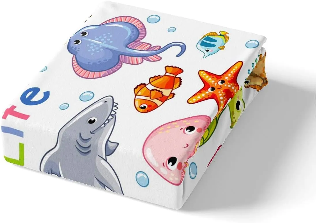 Kids Dolphin Fitted Sheet Cute Seahorse Jellyfish Bedding Set Cartoon Ocean Creature Bed Sheet Set for Children Boys Girls Marine Underwater Sealife Bed Cover Room Decor Full Size