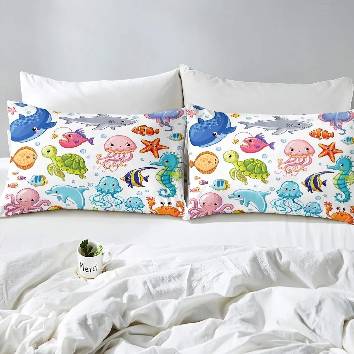 Kids Dolphin Fitted Sheet Cute Seahorse Jellyfish Bedding Set Cartoon Ocean Creature Bed Sheet Set for Children Boys Girls Marine Underwater Sealife Bed Cover Room Decor Full Size
