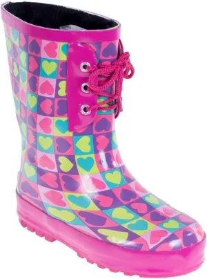 Kid's Rubber Lace Up Heart Print Rainboots, 12, Pink