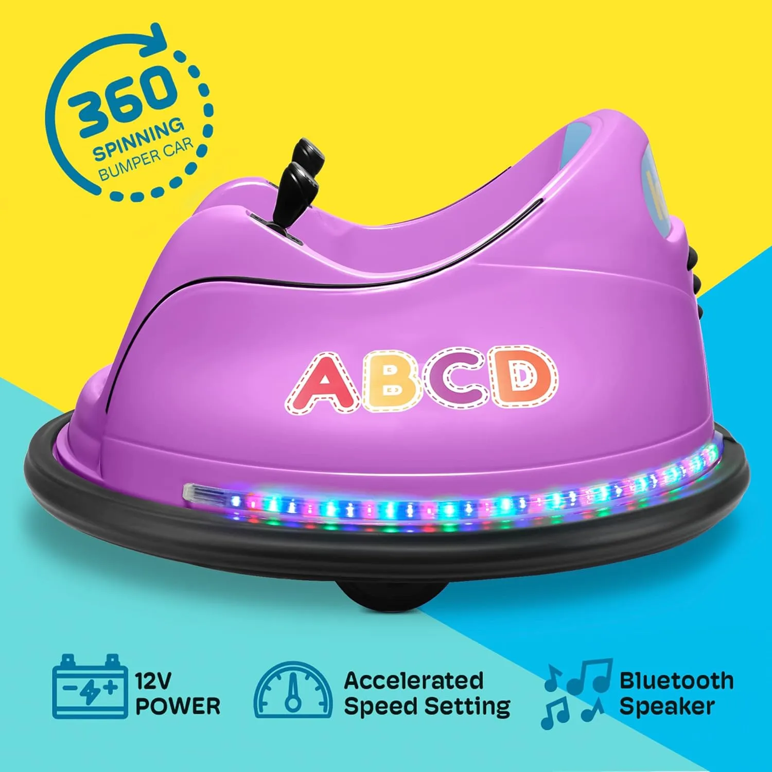 Kidzone 12V 2-Speeds Electric Ride On Bumper Car for Kids & Toddlers 1.5-6 Years Old, DIY Sticker Baby Bumping Toy Gifts W/Remote Control, LED Lights, Bluetooth & 360 Degree Spin, ASTM Certified