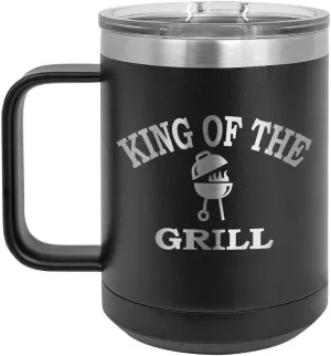 King Of The Grill BLACK 15 oz Coffee Cup w/Slide Top Lid | Insulated Travel Coffee Mug | BBQ & Grilling Gift Idea For Men Who Have Everything, Dad & Grandpa | Compare To Yeti Rambler | ONLYGIFTS.COM