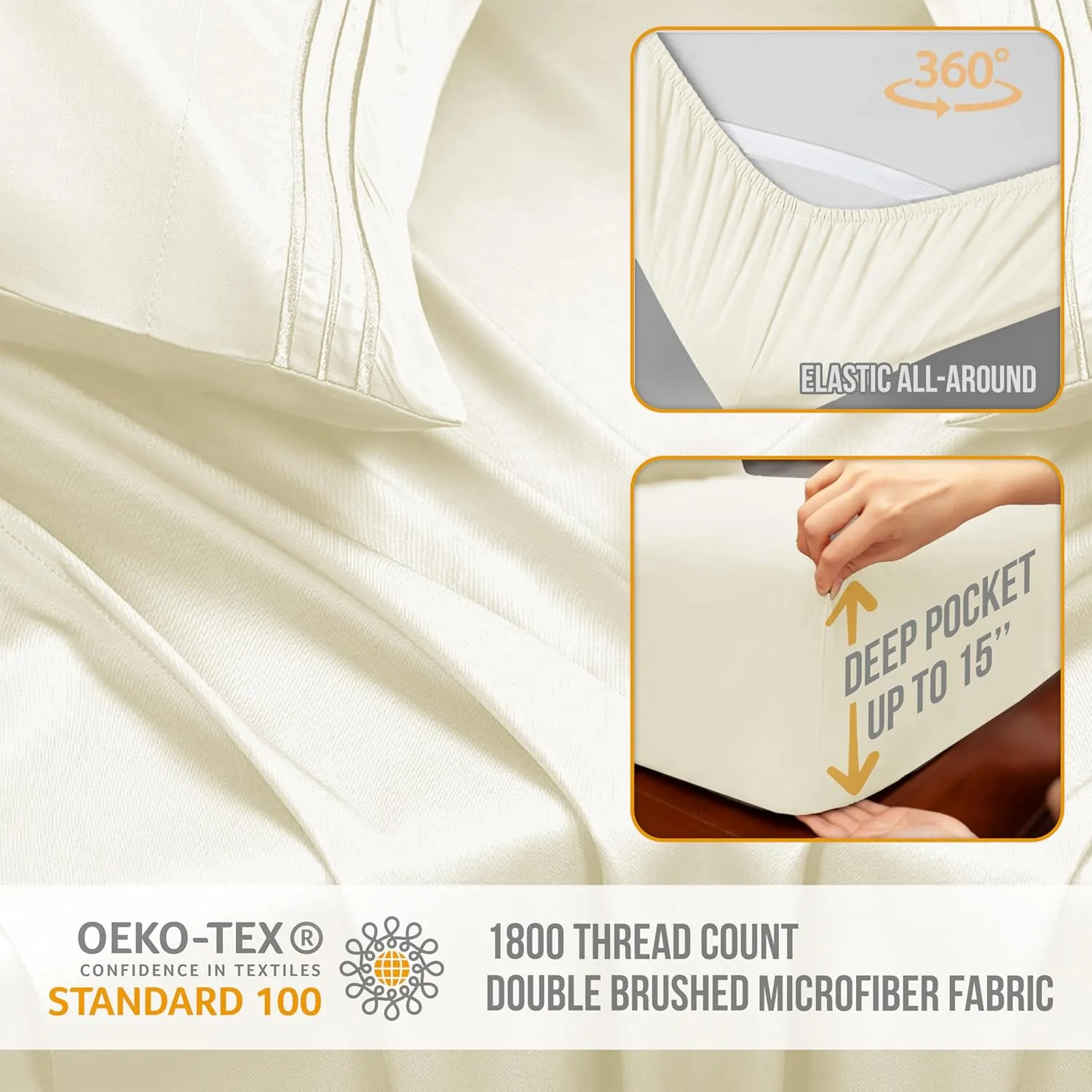 King Size Sheets Set Cooling - Luxury Hotel Sheets - Soft Bed Sheets with Elastic Corner Straps - Deep Pockets Microfiber Bedsheet - Bedding Sheets & Pillowcases - 4 Piece (King, Ivory)
