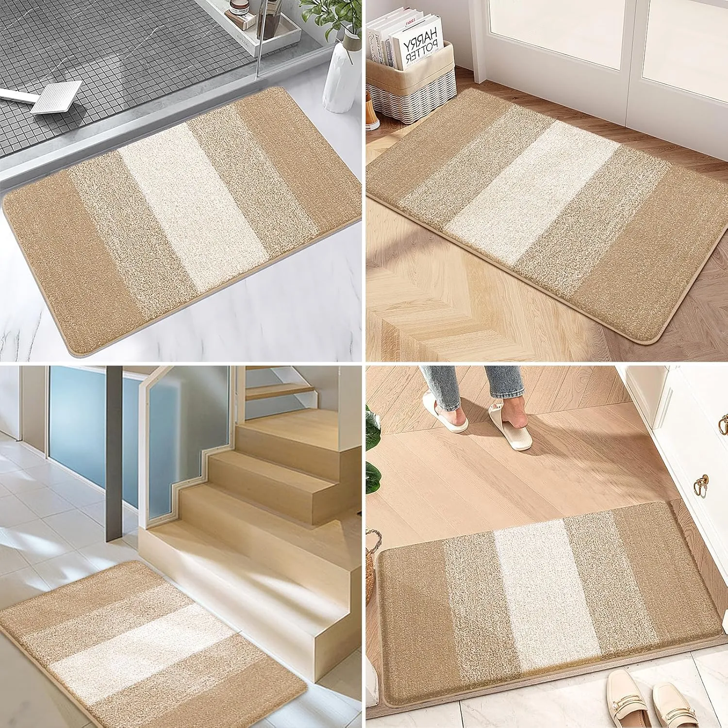 Kitinjoy Indoor Outdoor Door Mat, 30x17 Non-Slip Absorbent Dirt Trapper, Low-Profile Washable Inside Entrance Front Floor Mat, Sturdy Soft Entry Doormats for Entryway, Beige