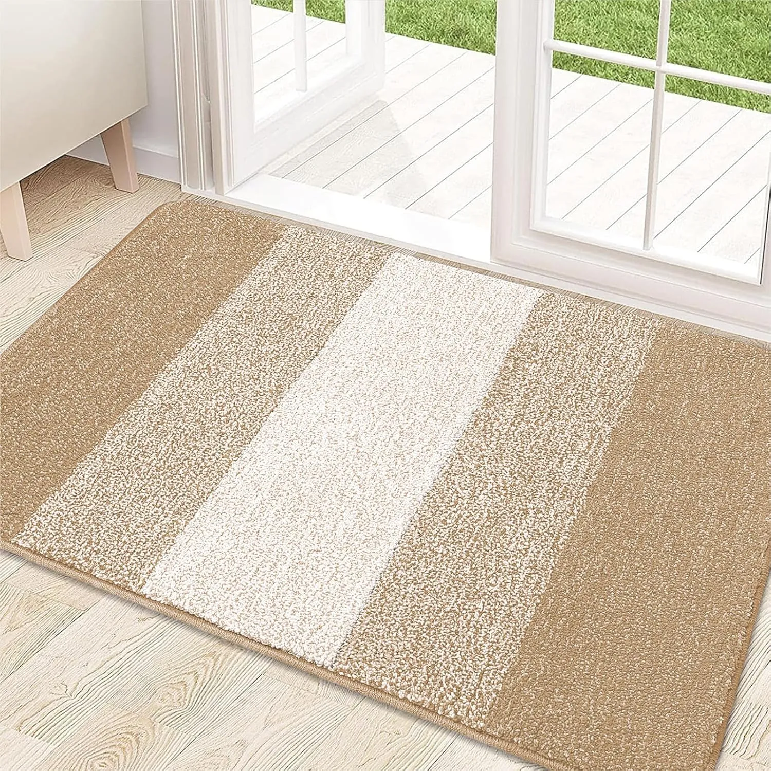 Kitinjoy Indoor Outdoor Door Mat, 30x17 Non-Slip Absorbent Dirt Trapper, Low-Profile Washable Inside Entrance Front Floor Mat, Sturdy Soft Entry Doormats for Entryway, Beige