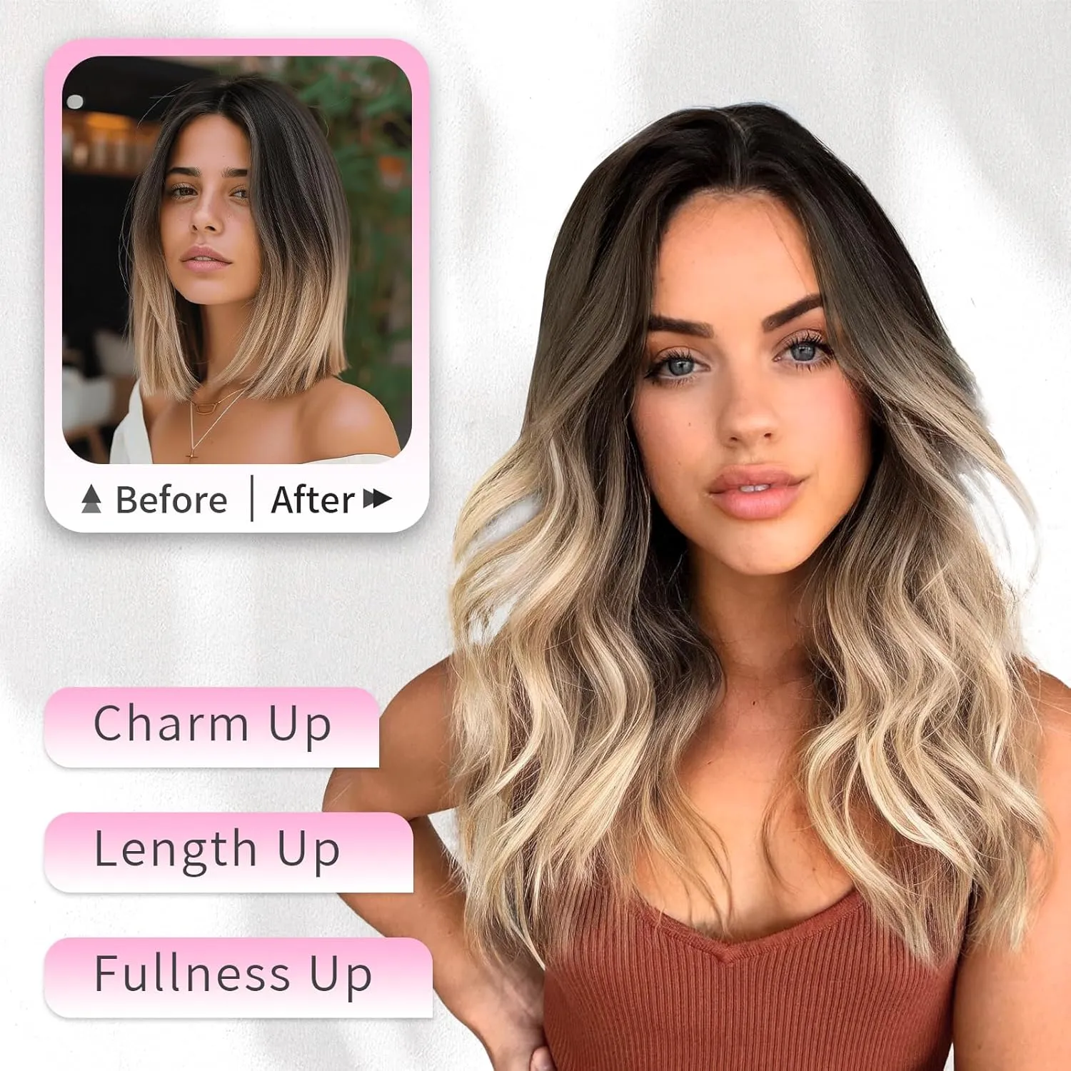 KooKaStyle Clip in Hair Extensions 6PCS 14 inch Short Hair Extensions Soft Wavy Synthetic Hairpieces for Women (Ombre Brown to Mixed Blonde)