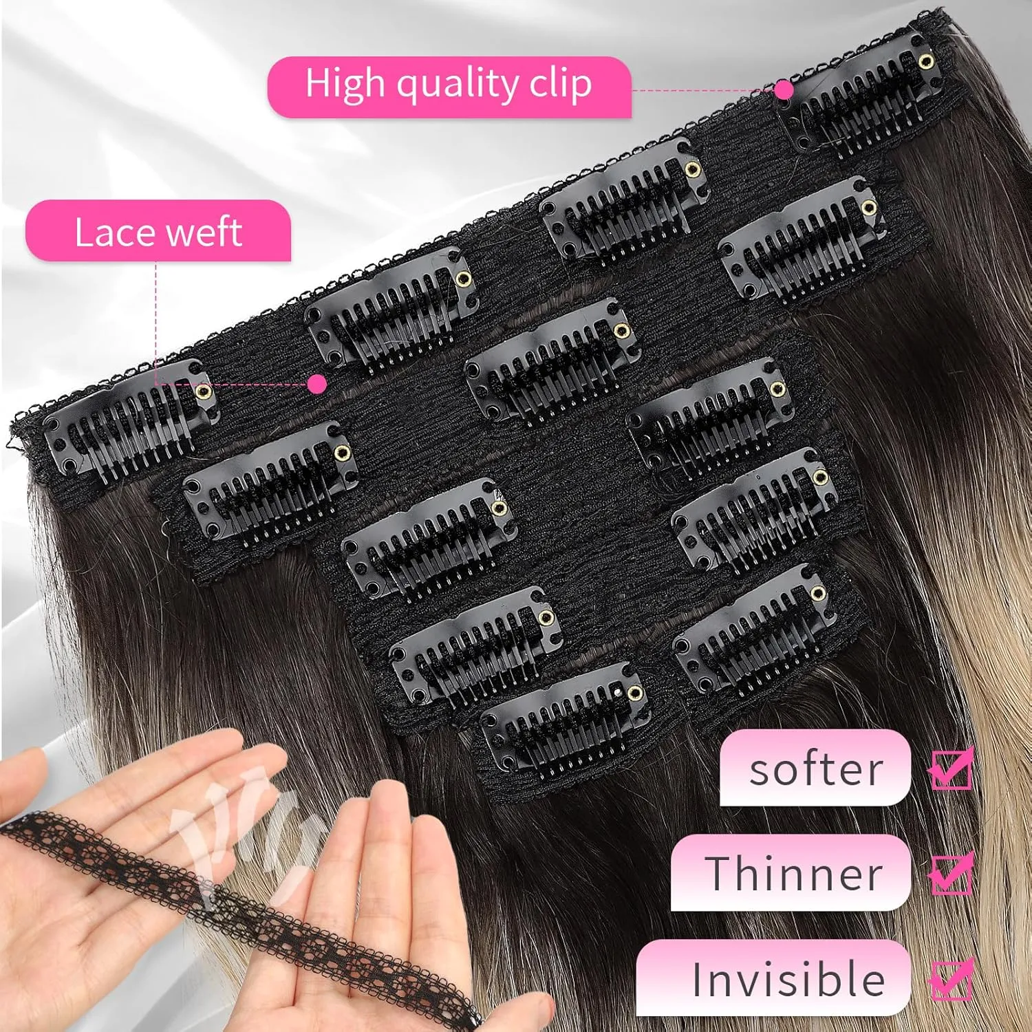 KooKaStyle Clip in Hair Extensions 6PCS 14 inch Short Hair Extensions Soft Wavy Synthetic Hairpieces for Women (Ombre Brown to Mixed Blonde)