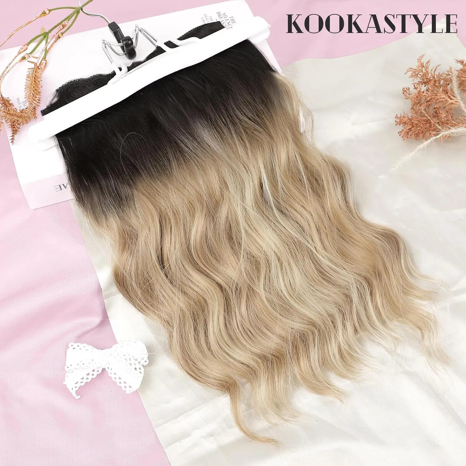 KooKaStyle Clip in Hair Extensions 6PCS 14 inch Short Hair Extensions Soft Wavy Synthetic Hairpieces for Women (Ombre Brown to Mixed Blonde)