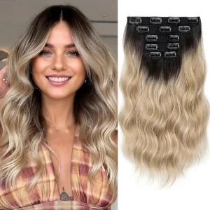KooKaStyle Clip in Hair Extensions 6PCS 14 inch Short Hair Extensions Soft Wavy Synthetic Hairpieces for Women (Ombre Brown to Mixed Blonde)