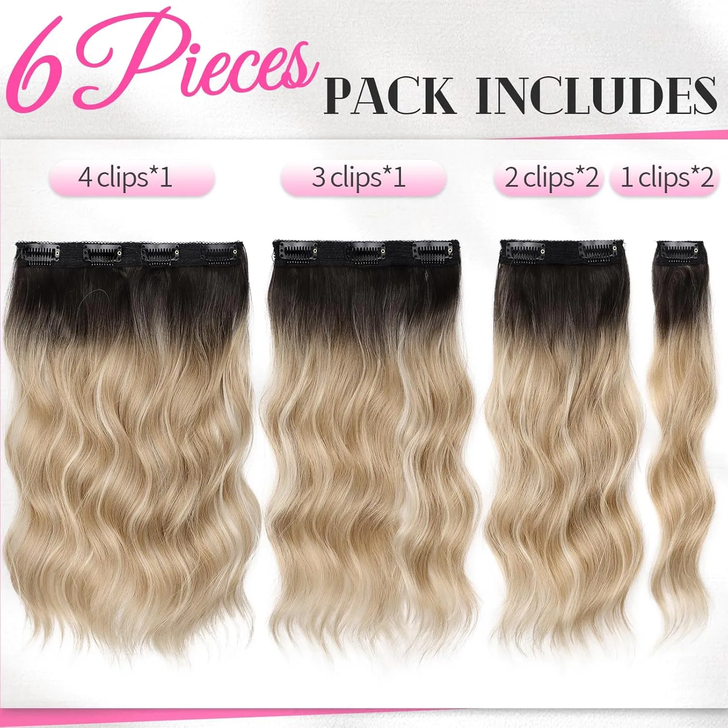 KooKaStyle Clip in Hair Extensions 6PCS 14 inch Short Hair Extensions Soft Wavy Synthetic Hairpieces for Women (Ombre Brown to Mixed Blonde)