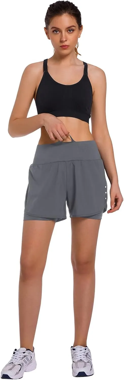 Ksmien Women's 2 in 1 Running Shorts - Lightweight Athletic Workout Gym Yoga Shorts Liner with Phone Pockets