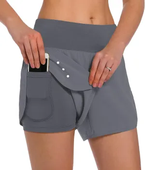 Ksmien Women's 2 in 1 Running Shorts - Lightweight Athletic Workout Gym Yoga Shorts Liner with Phone Pockets
