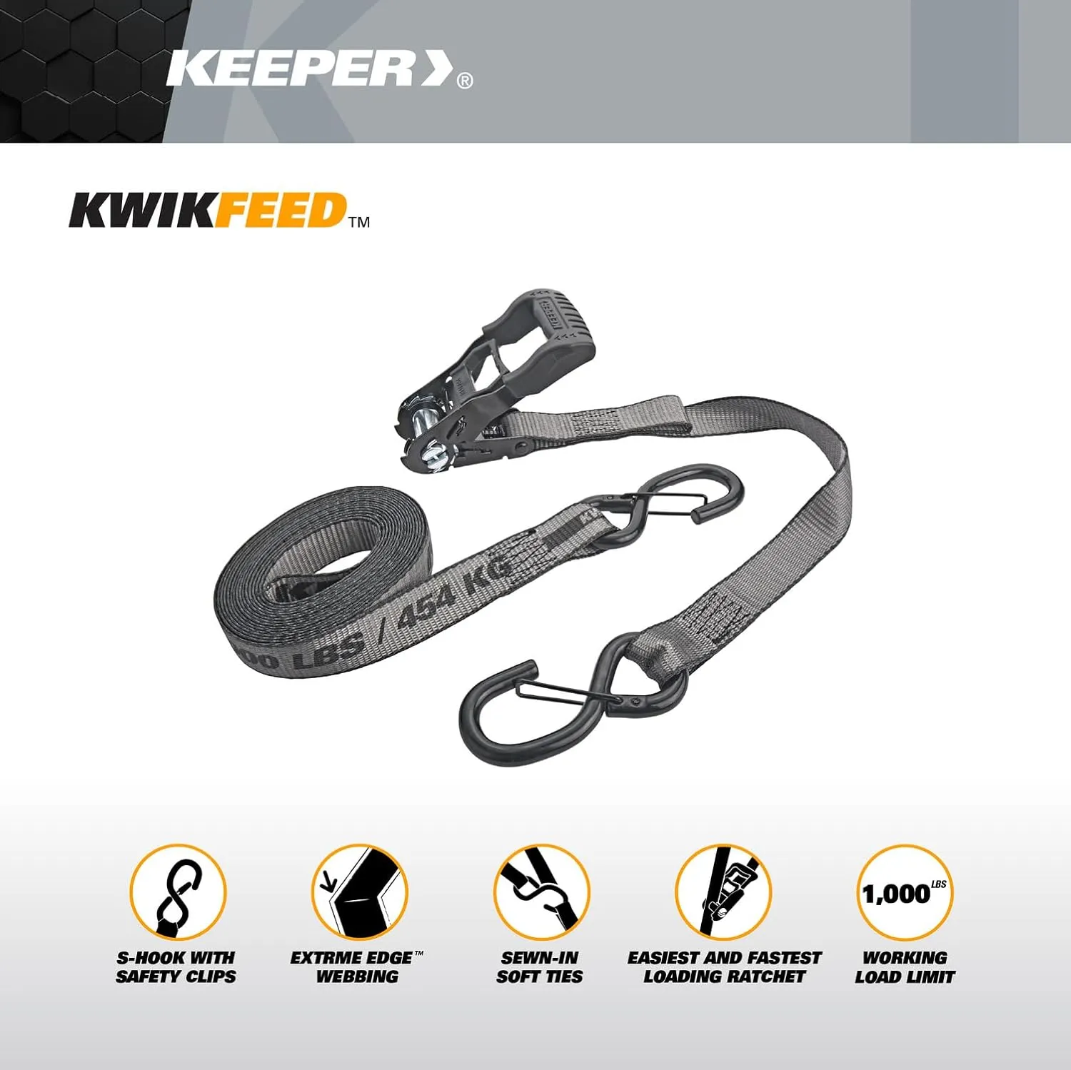 KwikFeed Ratchet Tie Down Straps - Fast Loading and Unloading, for Motorcycles, Appliances, Moving, Cargo - 1" x12' 500 lbs. WLL, Reinforced Webbing (1000lb Working Load Limit)