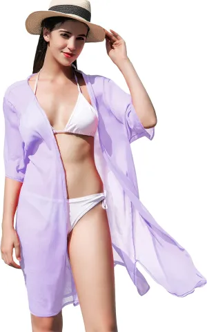 LA CARRIE Women's Chiffon Kimono Cardigan Cover Up with Half Sleeve Summer Sheer Beachwear Swimsuit for Bikini