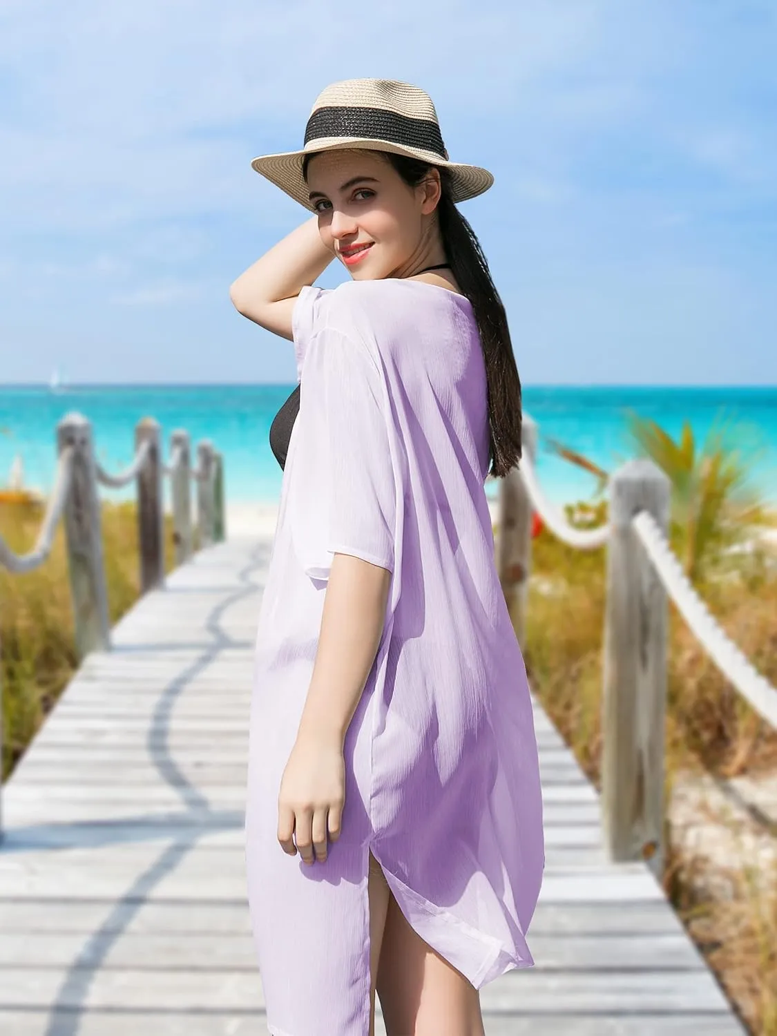 LA CARRIE Women's Chiffon Kimono Cardigan Cover Up with Half Sleeve Summer Sheer Beachwear Swimsuit for Bikini