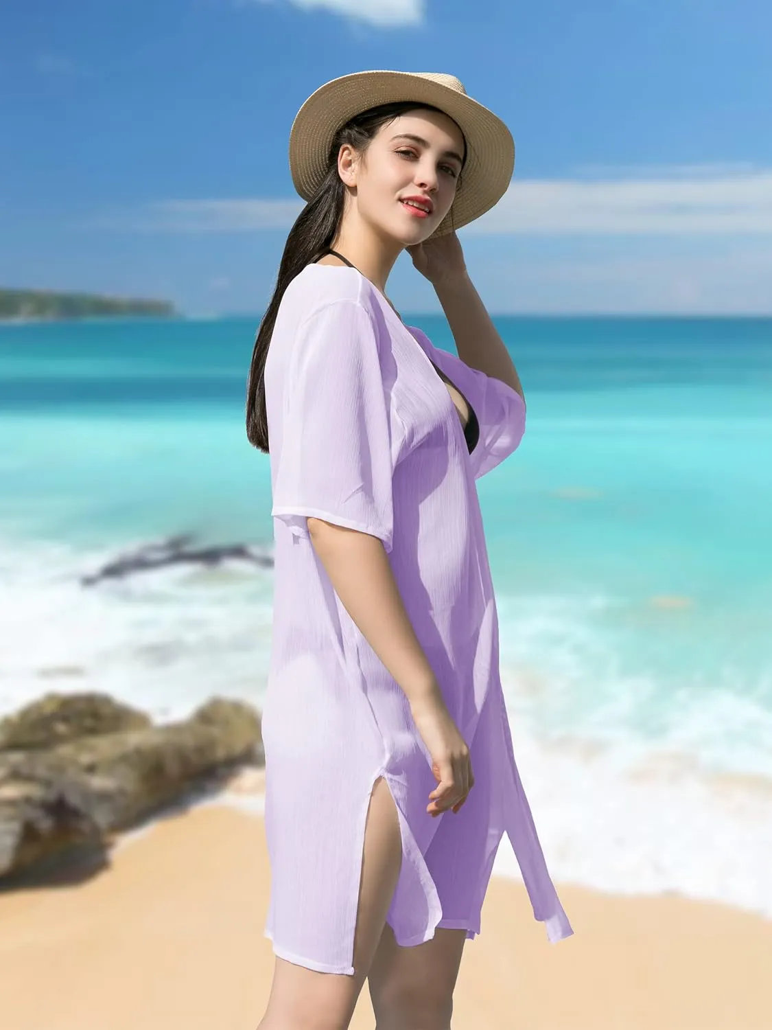 LA CARRIE Women's Chiffon Kimono Cardigan Cover Up with Half Sleeve Summer Sheer Beachwear Swimsuit for Bikini