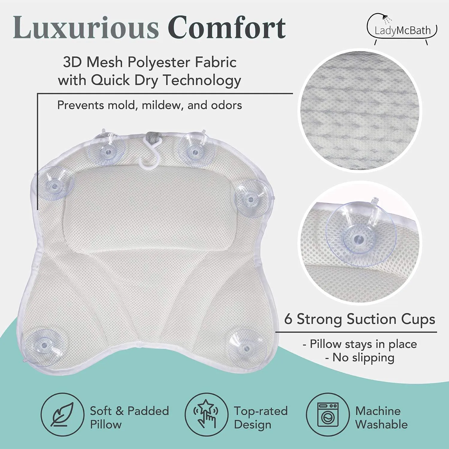 Lady McBath Bath Pillow - Luxury Bath Pillows for Tub Neck and Back Support - Powerful Suction Cups, Machine Washable Bathtub Accessory for Relaxation (Grey)