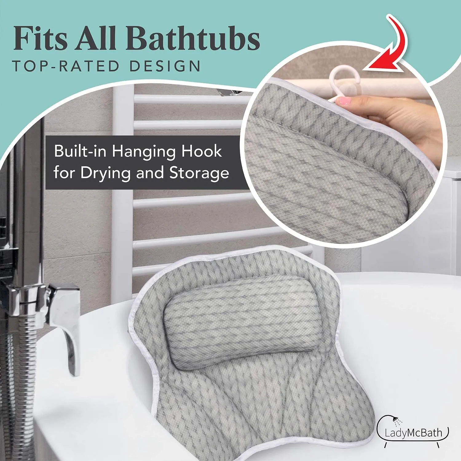 Lady McBath Bath Pillow - Luxury Bath Pillows for Tub Neck and Back Support - Powerful Suction Cups, Machine Washable Bathtub Accessory for Relaxation (Grey)