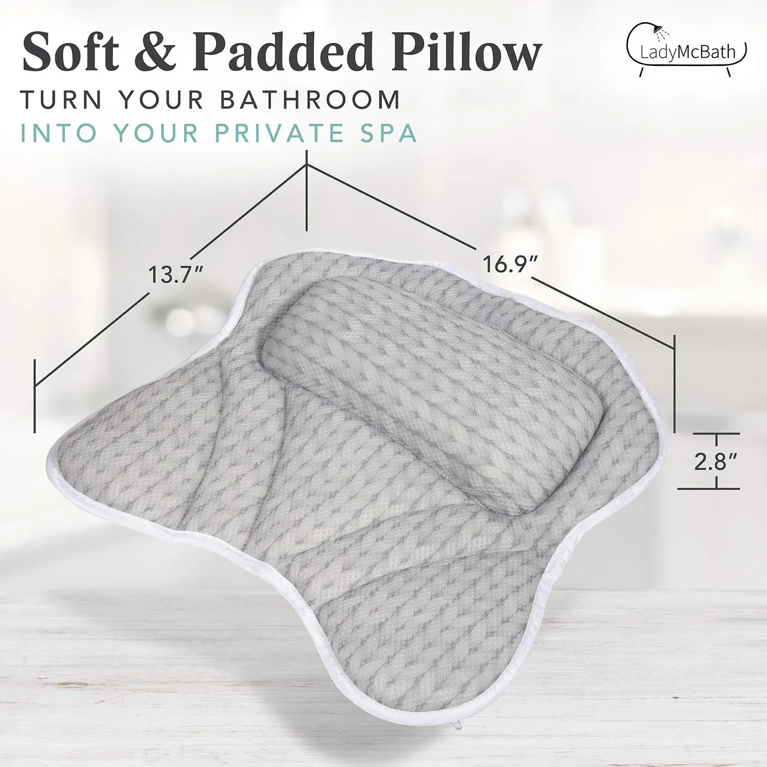 Lady McBath Bath Pillow - Luxury Bath Pillows for Tub Neck and Back Support - Powerful Suction Cups, Machine Washable Bathtub Accessory for Relaxation (Grey)