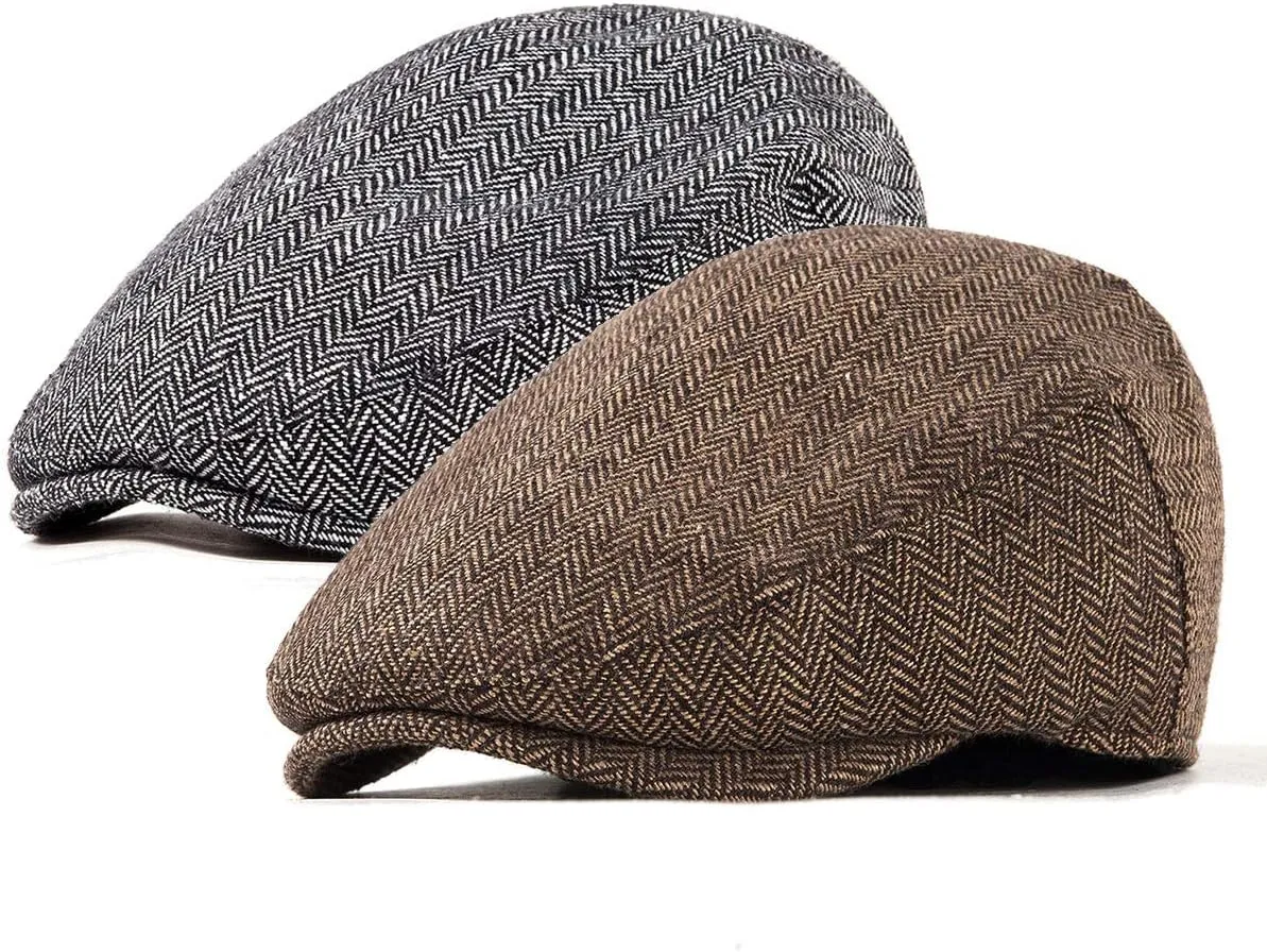 LADYBRO 2Pack Adjustable Newsboy Hats for Men Flat Cap Irish Cabbie Wool Blend Tweed