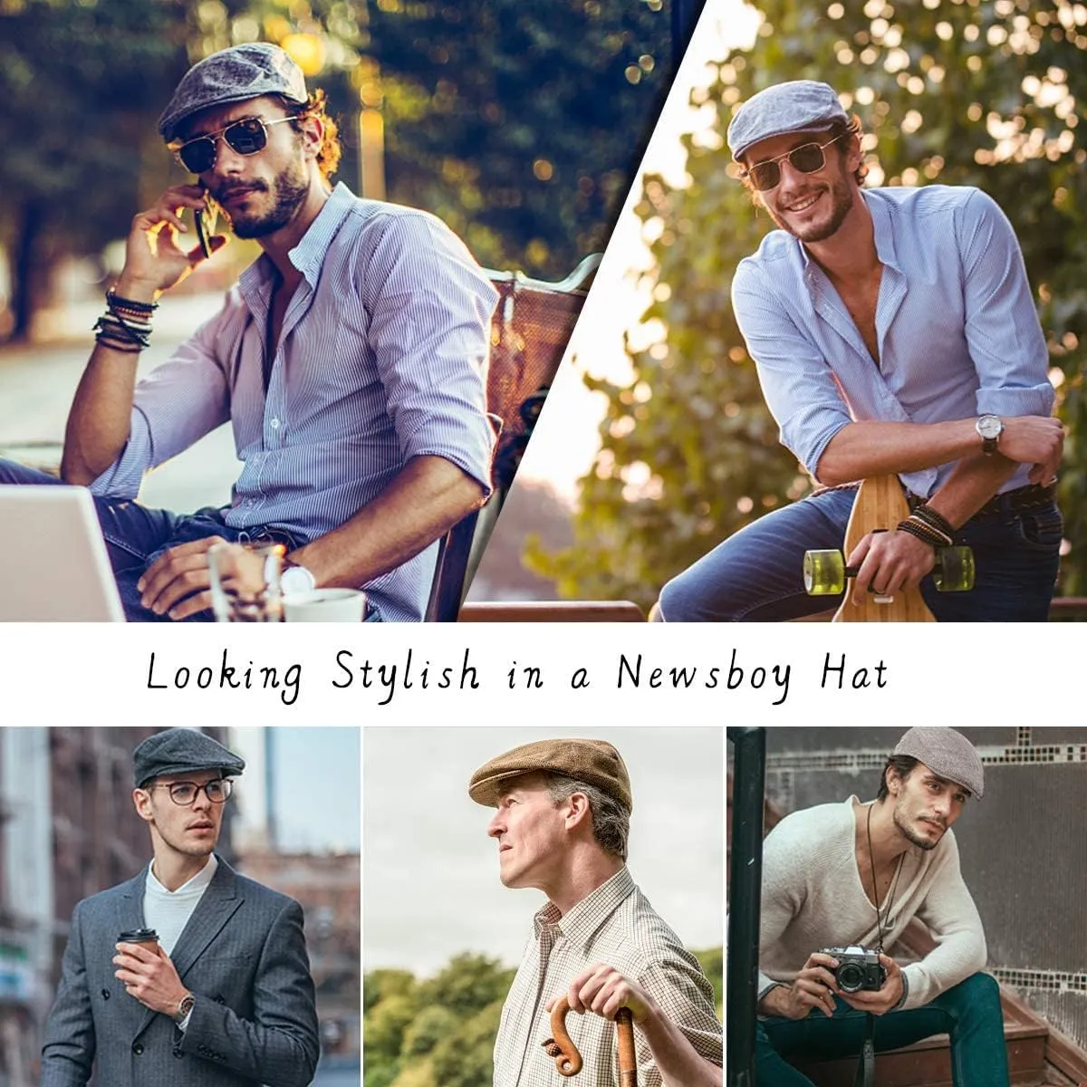 LADYBRO 2Pack Adjustable Newsboy Hats for Men Flat Cap Irish Cabbie Wool Blend Tweed