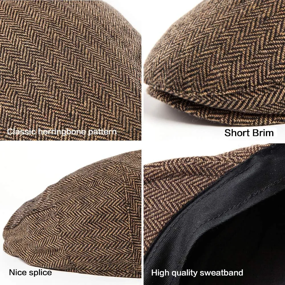 LADYBRO 2Pack Adjustable Newsboy Hats for Men Flat Cap Irish Cabbie Wool Blend Tweed