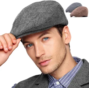 LADYBRO 2Pack Adjustable Newsboy Hats for Men Flat Cap Irish Cabbie Wool Blend Tweed