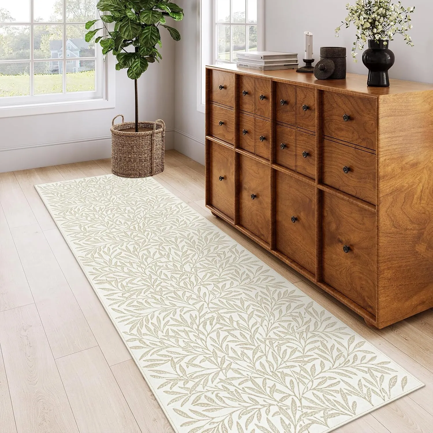 Lahome Botanical Boho Runner Rug, Soft Modern Kitchen Rug Non Slip, Washable Leaf Carpet Runner for Hallway 8ft, Non Shedding Plant Carpet for Entryway Porch (2'5''x8', Beige)