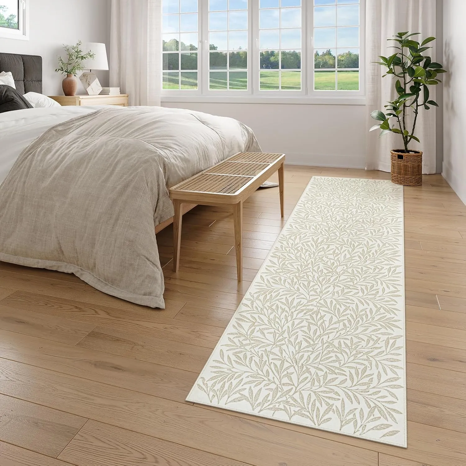 Lahome Botanical Boho Runner Rug, Soft Modern Kitchen Rug Non Slip, Washable Leaf Carpet Runner for Hallway 8ft, Non Shedding Plant Carpet for Entryway Porch (2'5''x8', Beige)