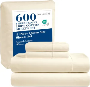 LANE LINEN 600 TC Queen Sheet Set - 100% Mercerized Soft Cotton Sheets Queen Size Set, Ultra Soft Deep Pocket Comfy Sateen Weave Cotton Bed Sheets Queen Size - Hotel Sheets - Ivory