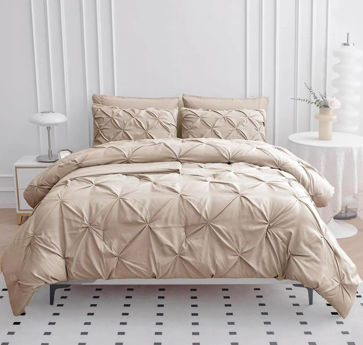 LANE LINEN Full Comforter Set – 7 Piece Bed in a Bag – Pinch Pleated Full Size Bedding Set with Comforter, Flat Sheet, Fitted Sheet, Pillowcase & Sham – Soft Pintuck Bed Set, Beige