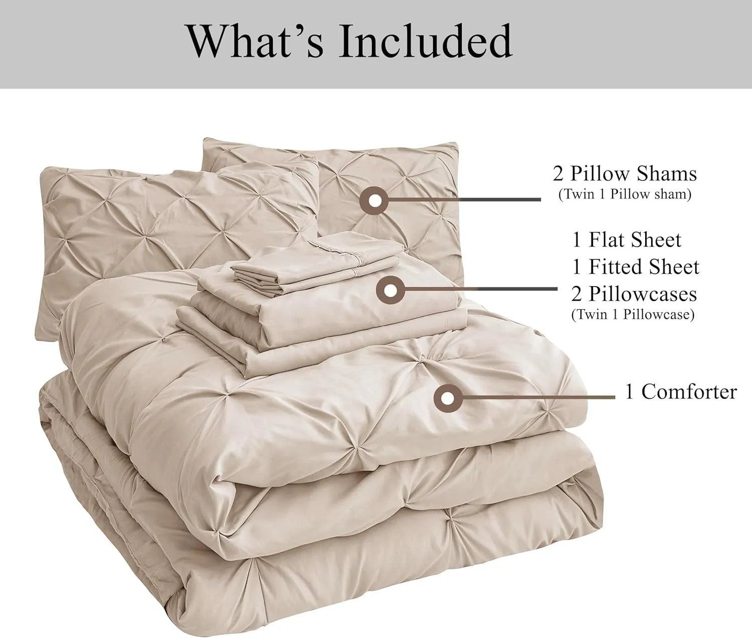 LANE LINEN Full Comforter Set – 7 Piece Bed in a Bag – Pinch Pleated Full Size Bedding Set with Comforter, Flat Sheet, Fitted Sheet, Pillowcase & Sham – Soft Pintuck Bed Set, Beige