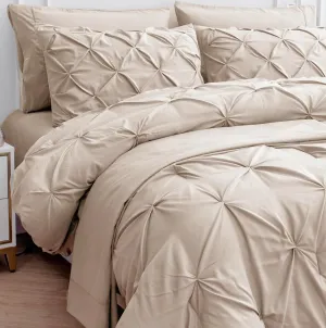 LANE LINEN Full Comforter Set – 7 Piece Bed in a Bag – Pinch Pleated Full Size Bedding Set with Comforter, Flat Sheet, Fitted Sheet, Pillowcase & Sham – Soft Pintuck Bed Set, Beige
