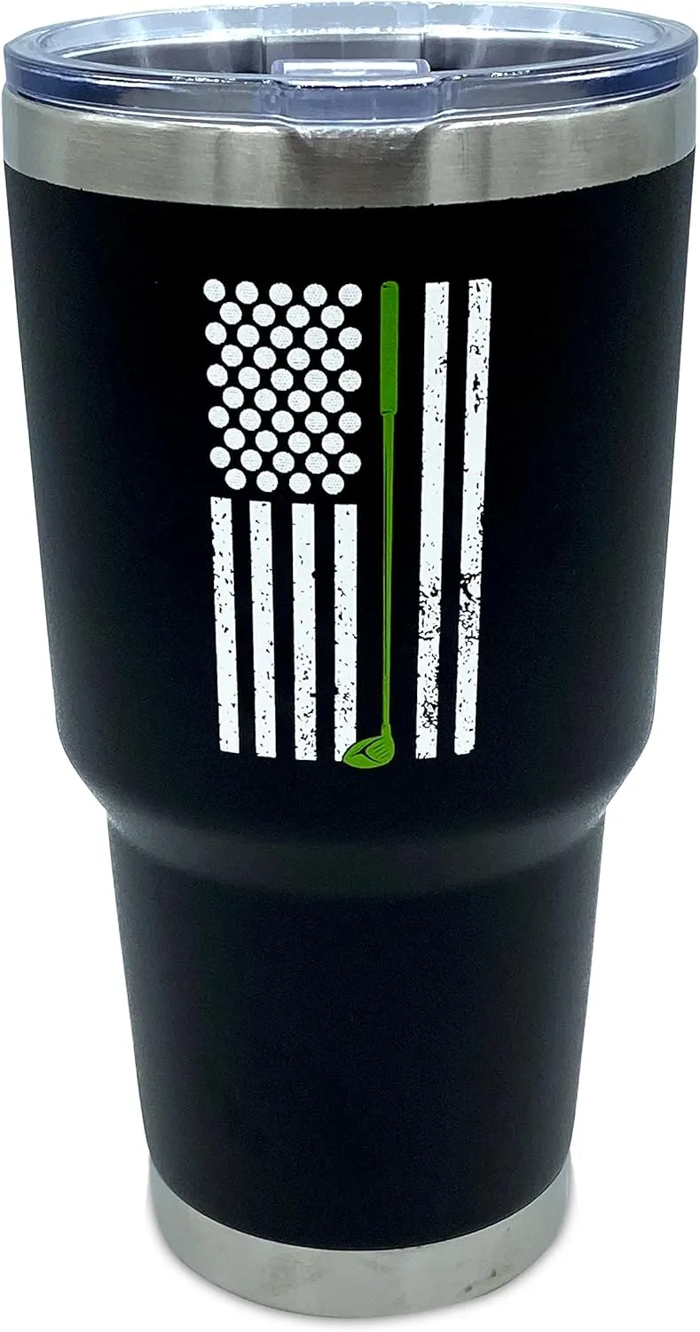 Lifecraft Golf Gifts for Men or Women, Unique Stainless Steel Travel Golfing Tumbler w/Golf Balls as Stars on American Flag, Funny Golfer Accessories Gift, Use for Coffee Beer or Wine, Black 30 oz