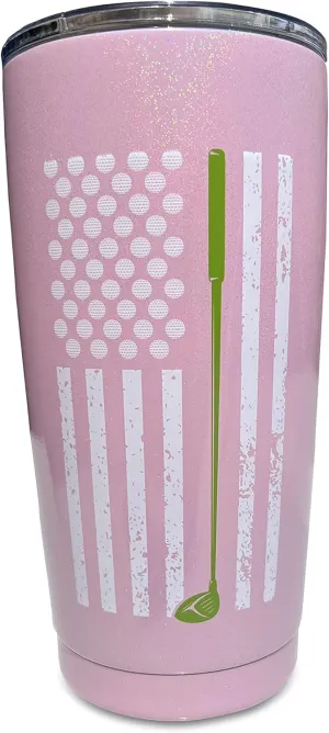 Lifecraft Golf Gifts for Men or Women, Unique Stainless Steel Travel Golfing Tumbler w/Golf Balls as Stars on American Flag, Funny Golfer Accessories Gift, Use for Coffee Beer or Wine, Pink 20 oz