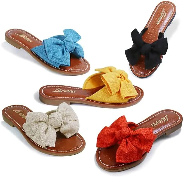 Liliana Women's Clarissa-1 Faux Croc Footbed Bow Accent Strap Flat Slip On Sandals