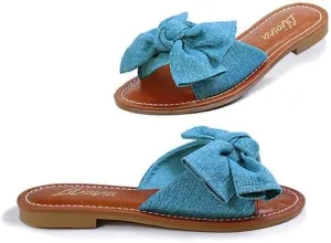 Liliana Women's Clarissa-1 Faux Croc Footbed Bow Accent Strap Flat Slip On Sandals