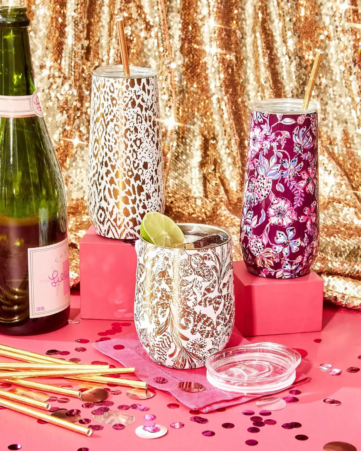 Lilly Pulitzer 12oz Insulated Tumbler with Lid, Stainless Steel Travel Wine Glass, Double Wall Metal Cup, Calypso Coast (Gold)