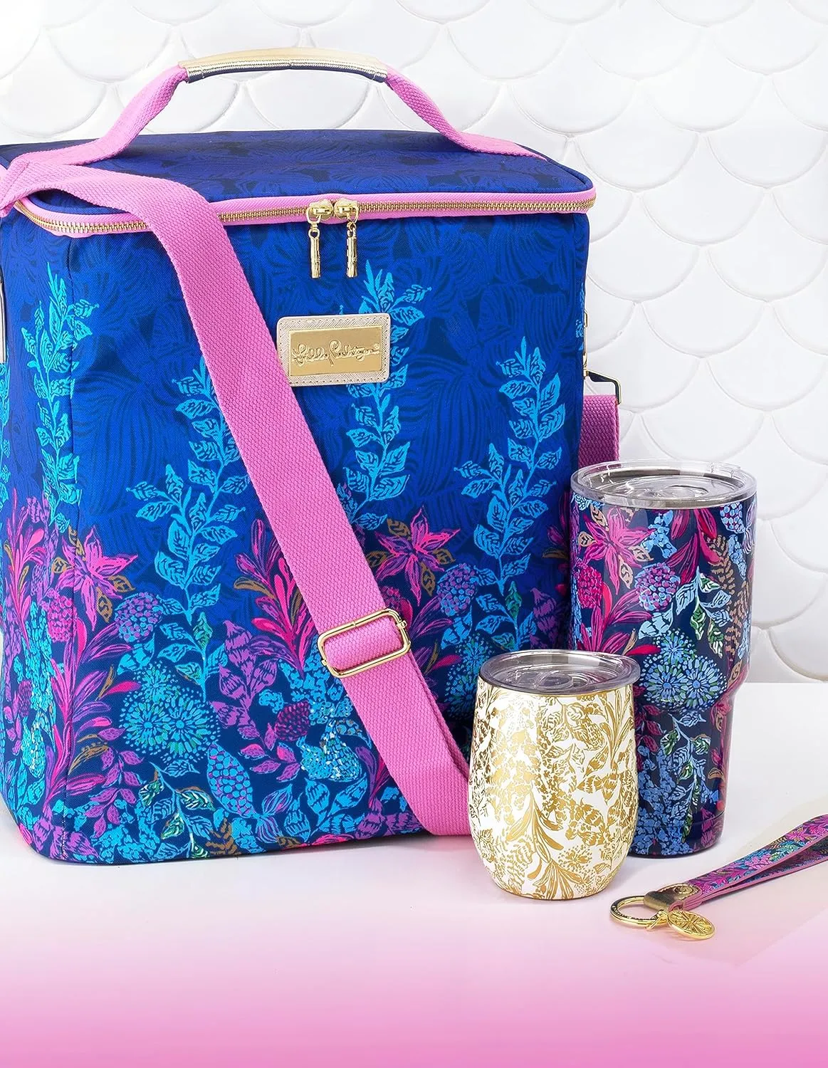 Lilly Pulitzer 12oz Insulated Tumbler with Lid, Stainless Steel Travel Wine Glass, Double Wall Metal Cup, Calypso Coast (Gold)