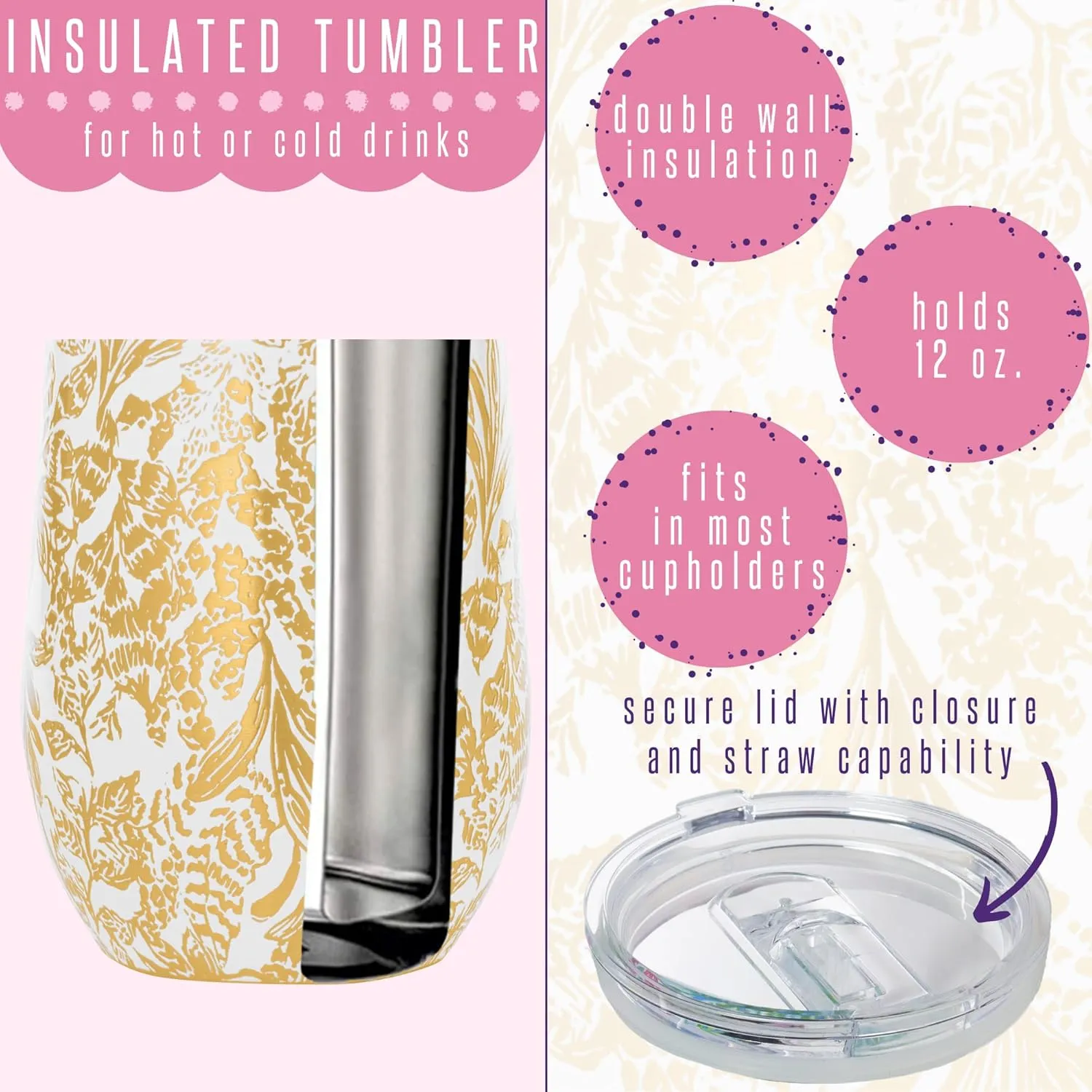 Lilly Pulitzer 12oz Insulated Tumbler with Lid, Stainless Steel Travel Wine Glass, Double Wall Metal Cup, Calypso Coast (Gold)