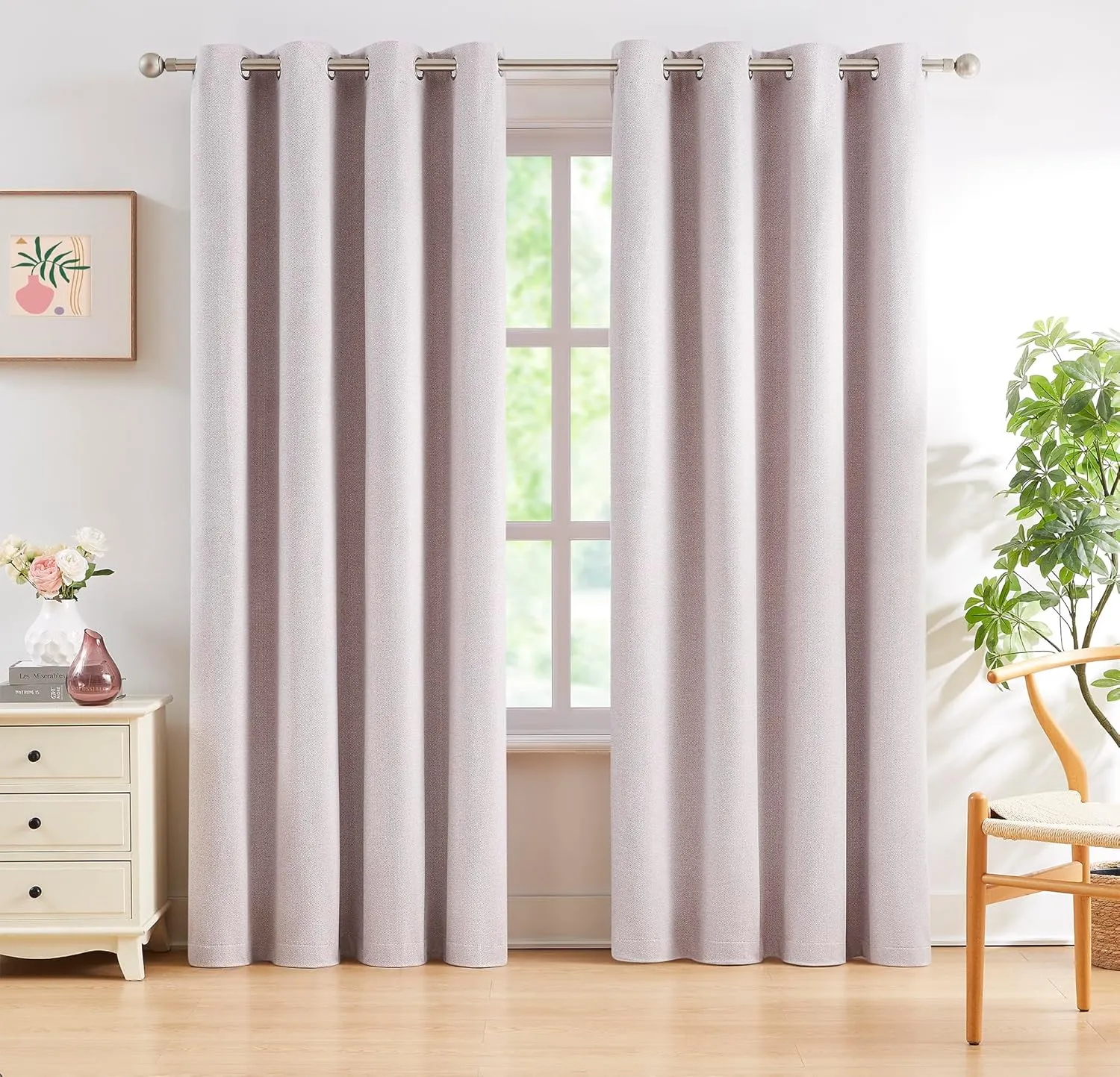 Linen Full Blackout Curtains Pink for Bedroom 84 inches Length Energy Saving Burlap Texture Window Curtains for Living Room Chevron Room Darkening Curtain Drapes 50" w x 2 Panels, Grommet Top
