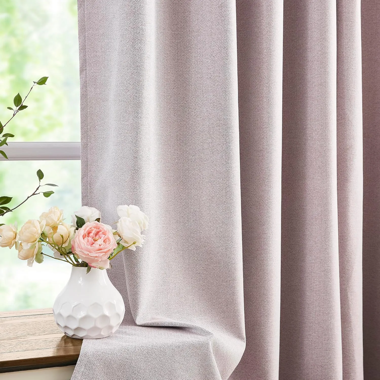 Linen Full Blackout Curtains Pink for Bedroom 84 inches Length Energy Saving Burlap Texture Window Curtains for Living Room Chevron Room Darkening Curtain Drapes 50" w x 2 Panels, Grommet Top