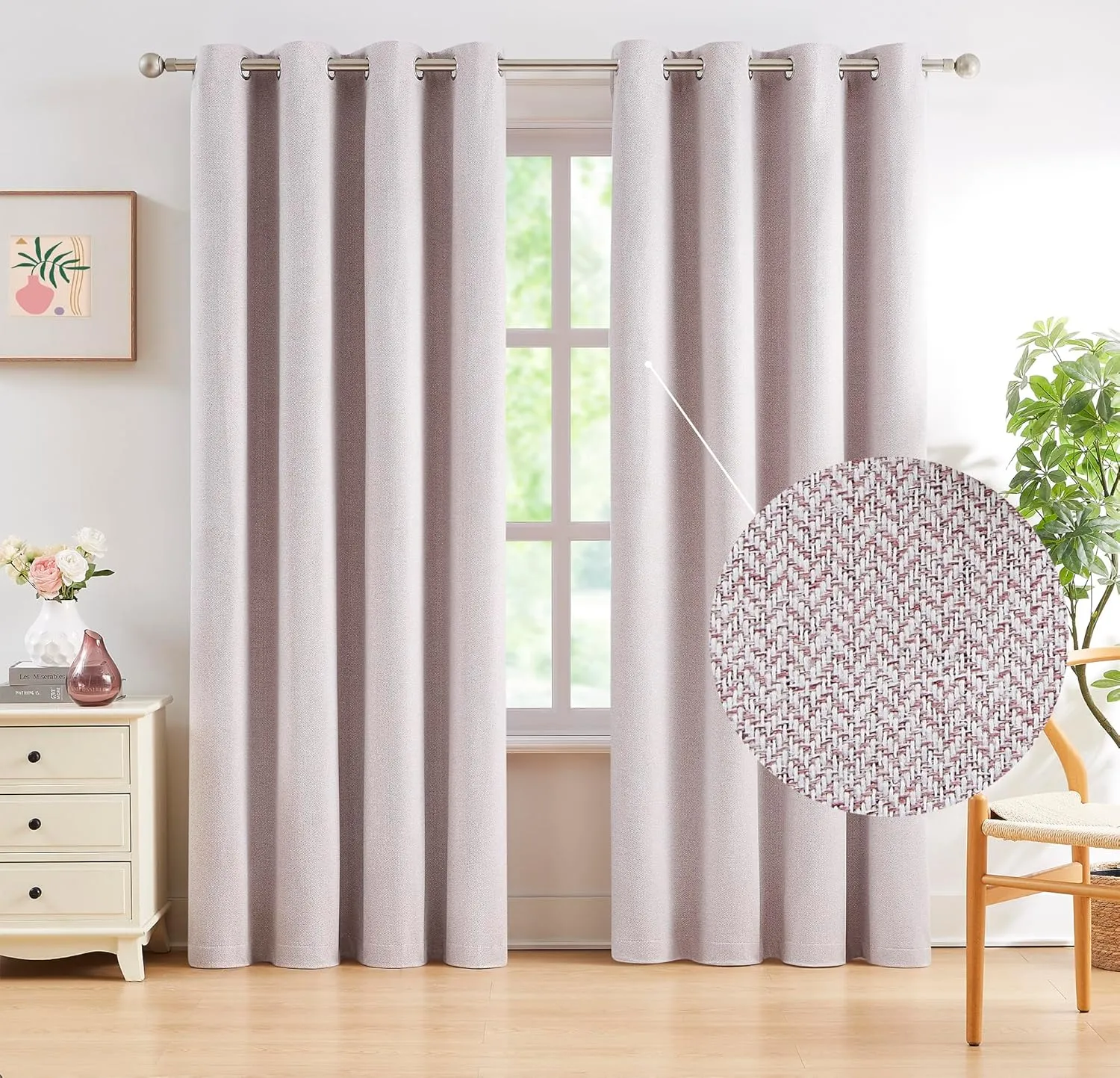 Linen Full Blackout Curtains Pink for Bedroom 84 inches Length Energy Saving Burlap Texture Window Curtains for Living Room Chevron Room Darkening Curtain Drapes 50" w x 2 Panels, Grommet Top