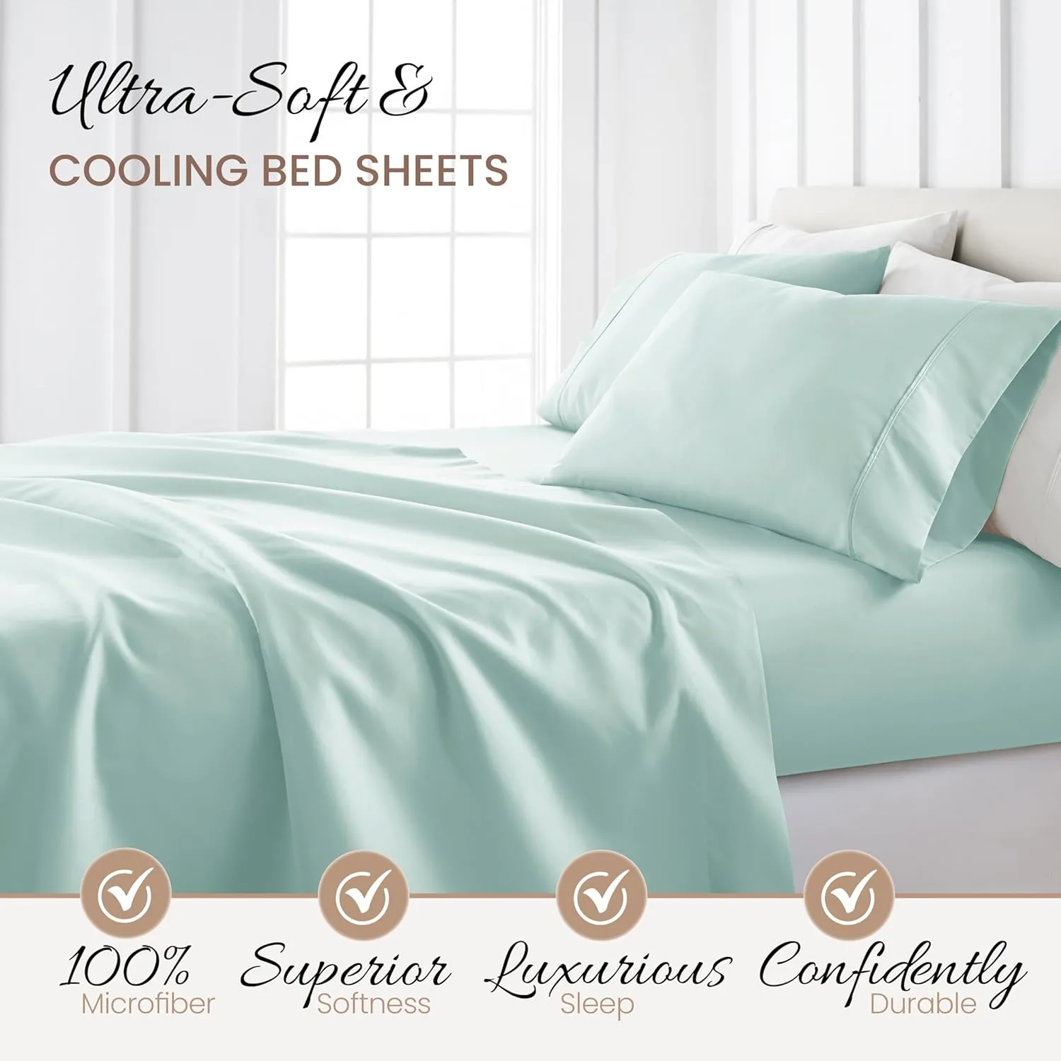 Linen Market Double-Brushed Microfiber Queen Sheet Set 4 Piece – Oeko-TEX Certified Ultra Soft & Wrinkle-Free - 16" Deep Pocket Sheets - Easy Care Queen Size - Aqua