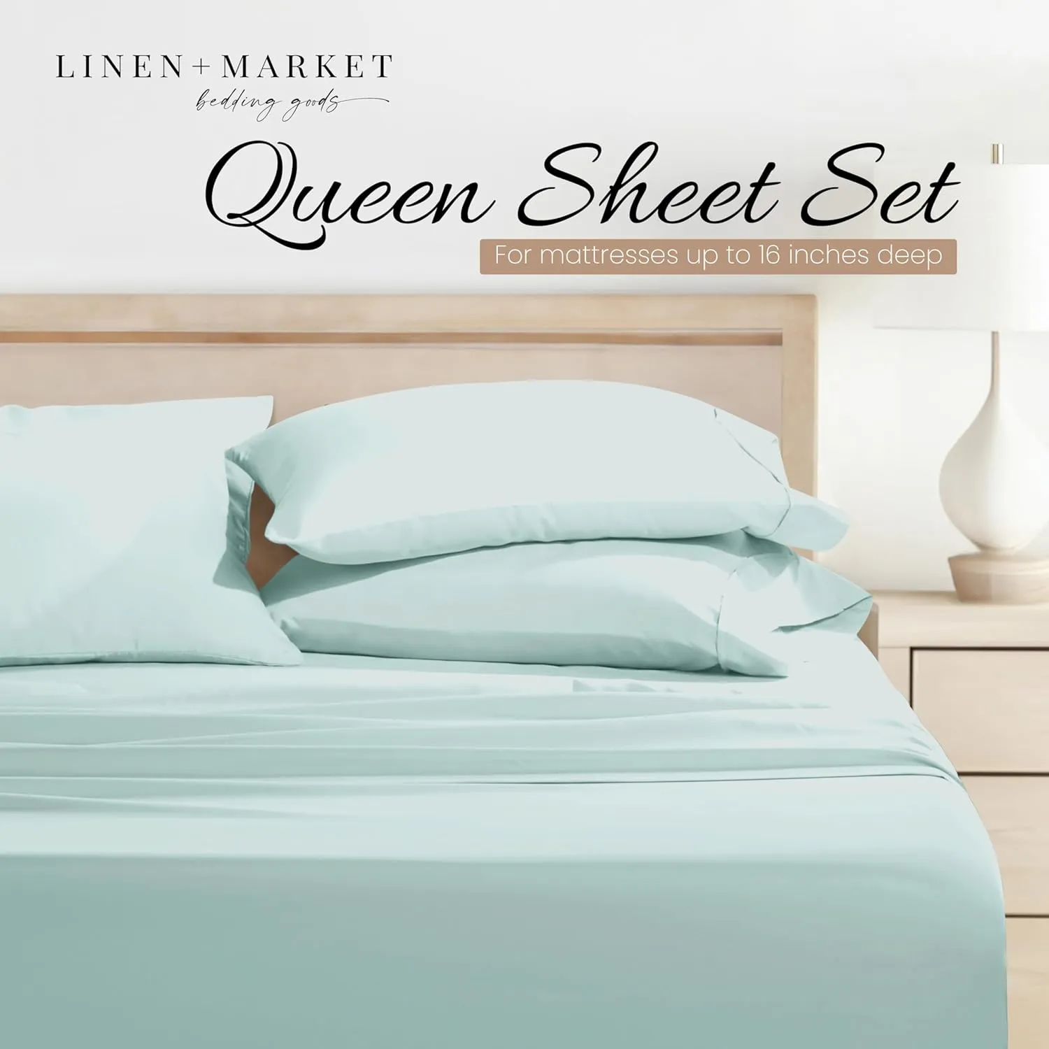 Linen Market Double-Brushed Microfiber Queen Sheet Set 4 Piece – Oeko-TEX Certified Ultra Soft & Wrinkle-Free - 16" Deep Pocket Sheets - Easy Care Queen Size - Aqua