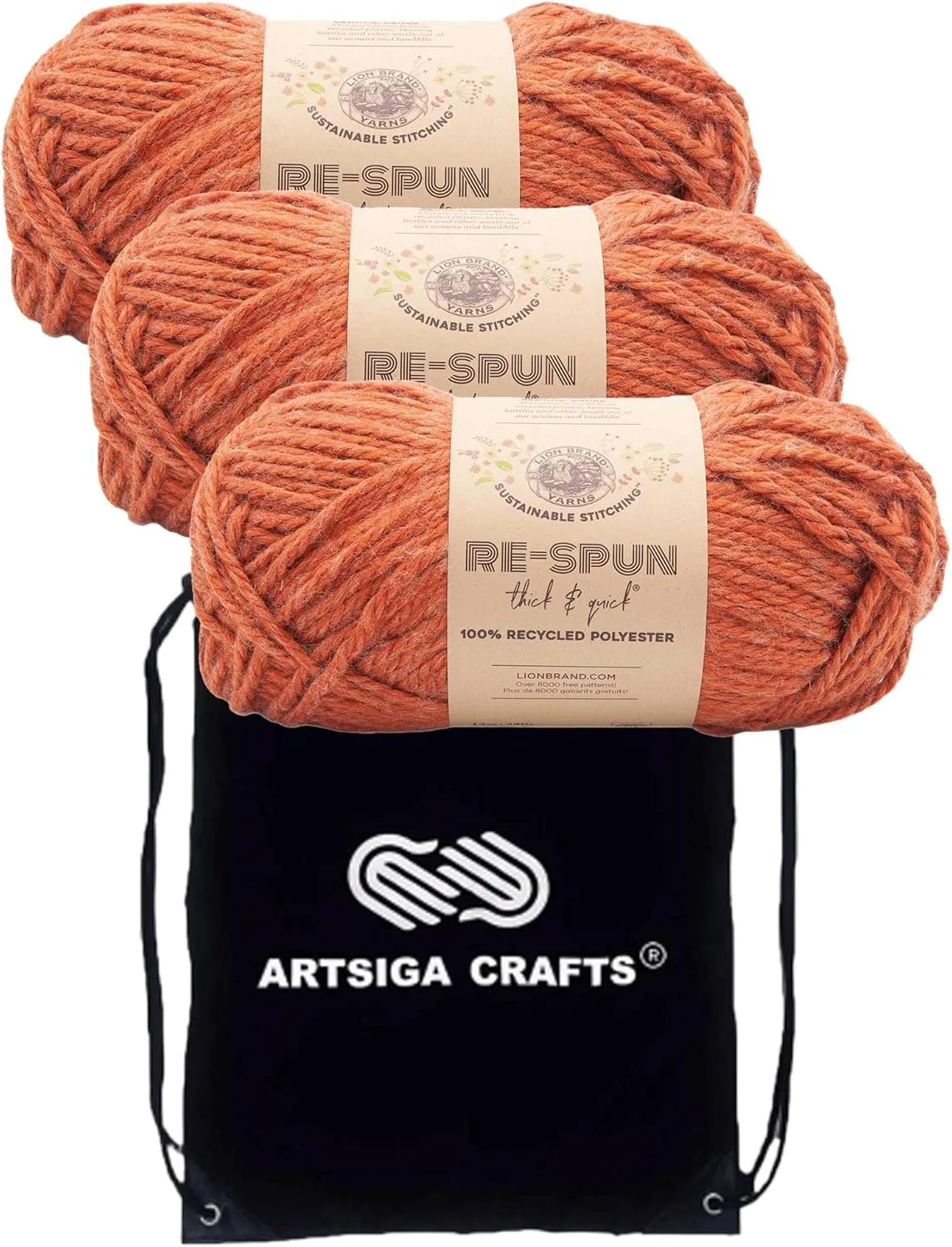 Lion Brand Re Spun Thick & Quick Cinnamon Stick 843-133 (3-Skeins - Same Dye Lot) Weight S Bulky #6 Polyester Yarn for Crocheting and Knitting with Project Bag