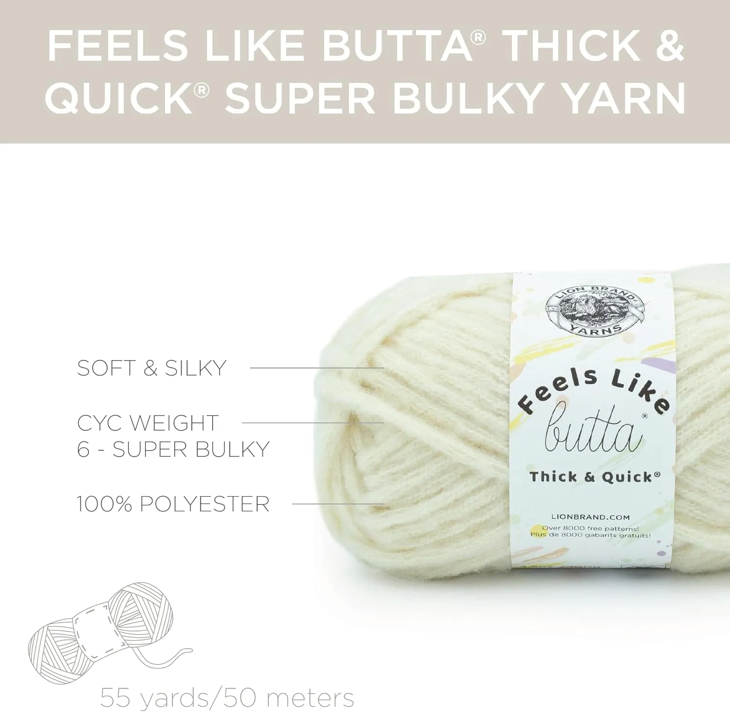 Lion Brand Yarn Feels Like Butta Thick & Quick Super Bulky Yarn for Knitting, 3 Pack, Antique White